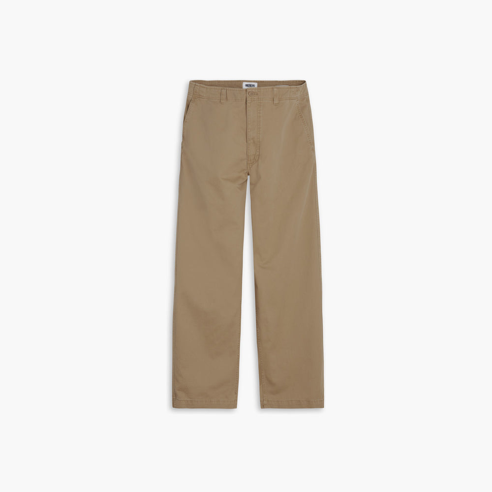 The Dockers' Genderless 86 Alpha Chino pants are khaki-colored with a straight-leg style and classic button-zipper waistband. Made from recycled cotton, they deliver comfort and style against a white background.