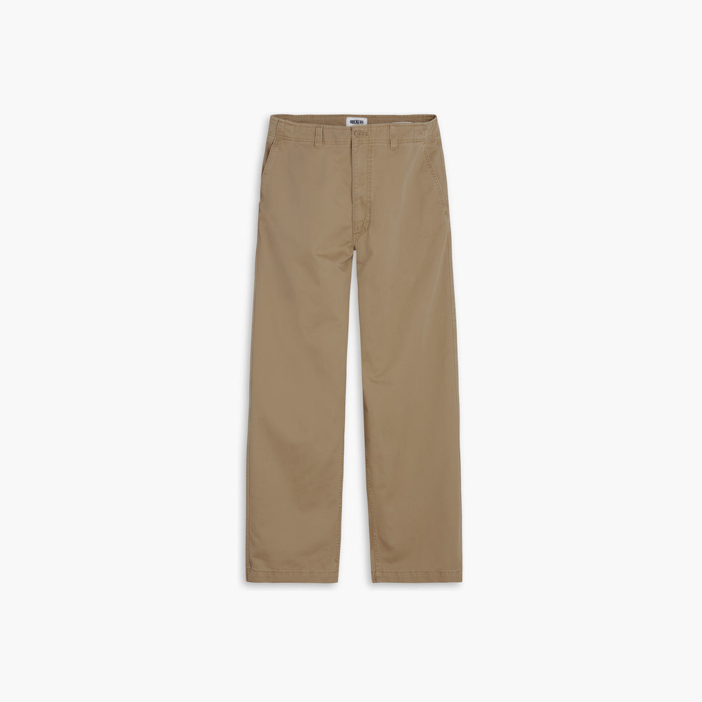 The Dockers' Genderless 86 Alpha Chino pants are khaki-colored with a straight-leg style and classic button-zipper waistband. Made from recycled cotton, they deliver comfort and style against a white background.