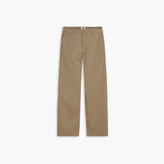 The Dockers' Genderless 86 Alpha Chino pants are khaki-colored with a straight-leg style and classic button-zipper waistband. Made from recycled cotton, they deliver comfort and style against a white background.