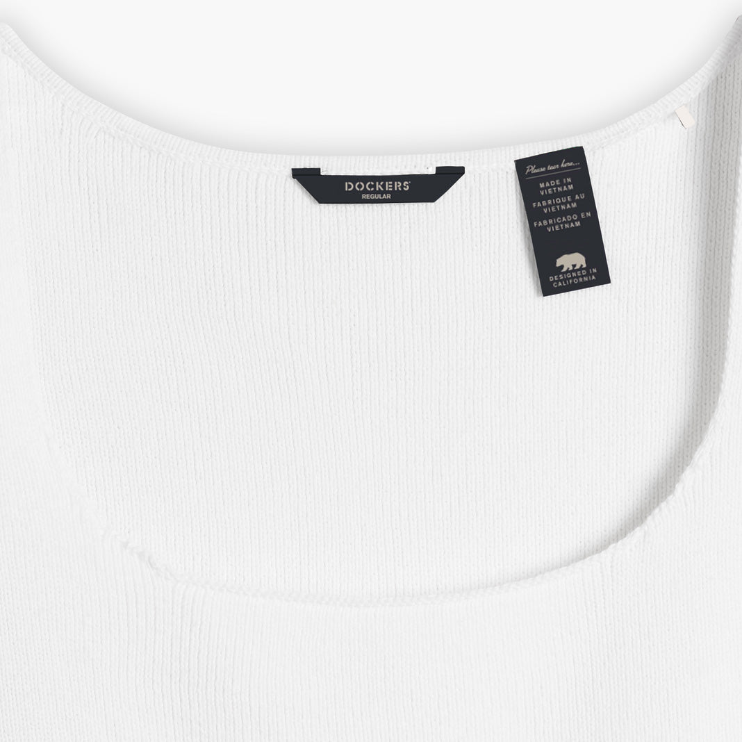 Dockers Women's Sweater Tank is a white ribbed top crafted from a cotton linen-blend with a wide neckline, featuring brand and care labels, part of the distinguished Mainline Collection.