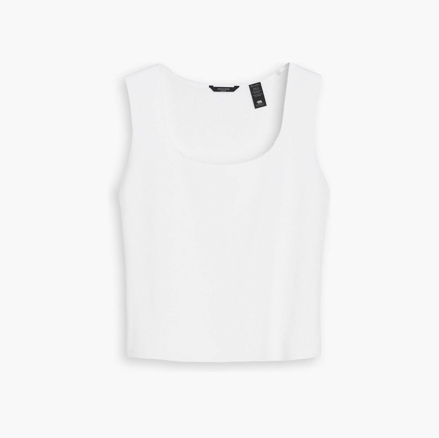 The Women's Sweater Tank from Dockers' Mainline Collection is a sleeveless white top made from a soft cotton-linen blend, featuring a discreet black tag near the collar, ideal for any minimalist wardrobe.