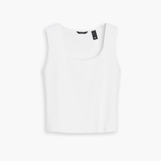 The Women's Sweater Tank from Dockers' Mainline Collection is a sleeveless white top made from a soft cotton-linen blend, featuring a discreet black tag near the collar, ideal for any minimalist wardrobe.