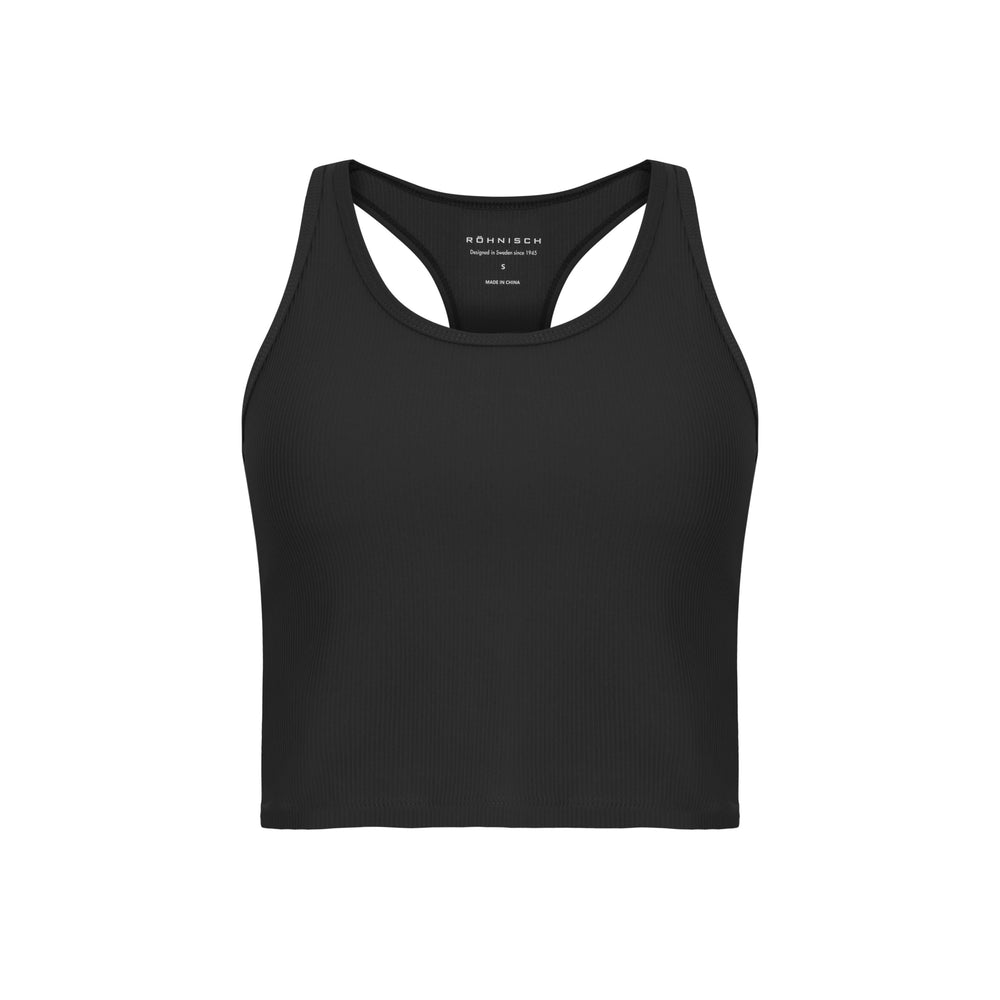 The Ribbed R Tank by Rohnisch is a black, sleeveless athletic top crafted from recycled polyester, highlighted by a racerback design and ribbed texture against a white background.