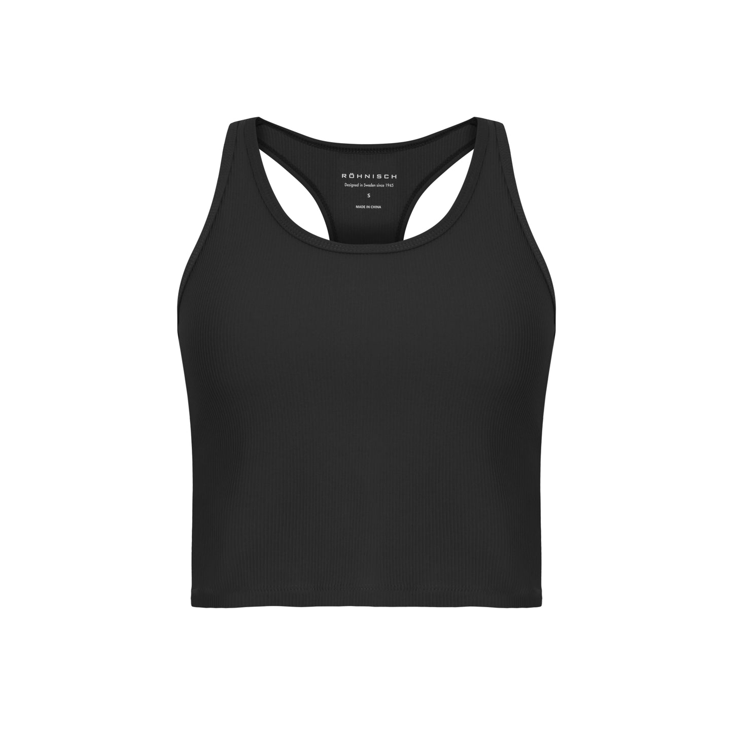 The Ribbed R Tank by Rohnisch is a black, sleeveless athletic top crafted from recycled polyester, highlighted by a racerback design and ribbed texture against a white background.