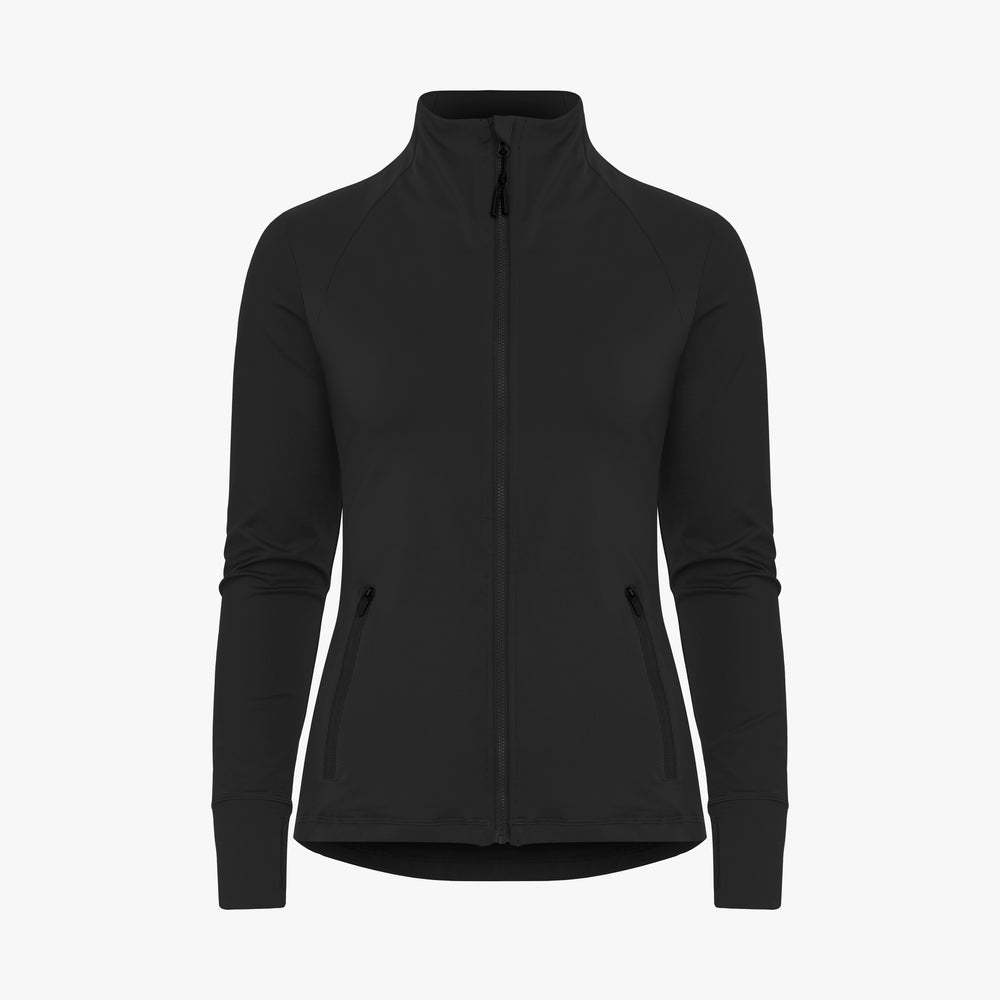 The Legacy Full Zip by Rohnisch is a black jacket with a high collar, long sleeves, and two front zippered pockets made from recycled polyester. Its sleek design features a discreet Röhnisch logo and stands out against a plain white background.