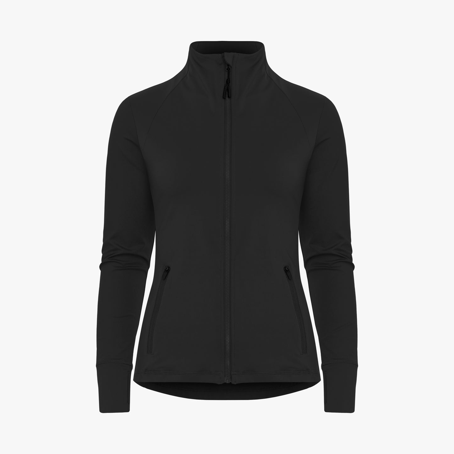 The Legacy Full Zip by Rohnisch is a black jacket with a high collar, long sleeves, and two front zippered pockets made from recycled polyester. Its sleek design features a discreet Röhnisch logo and stands out against a plain white background.