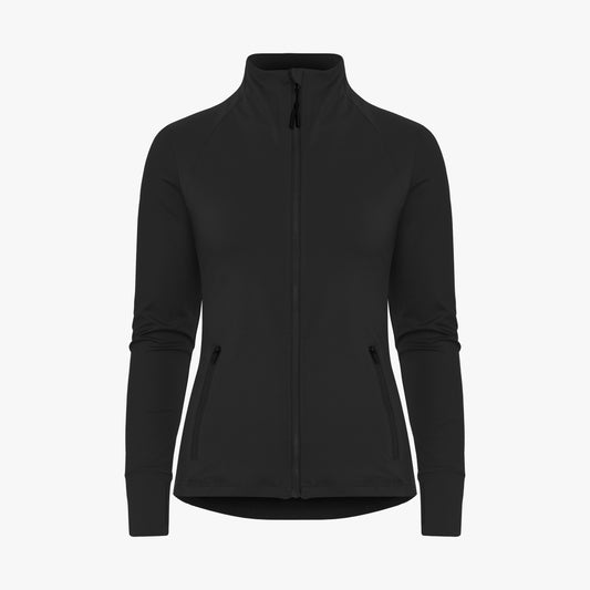 The Legacy Full Zip by Rohnisch is a black jacket with a high collar, long sleeves, and two front zippered pockets made from recycled polyester. Its sleek design features a discreet Röhnisch logo and stands out against a plain white background.