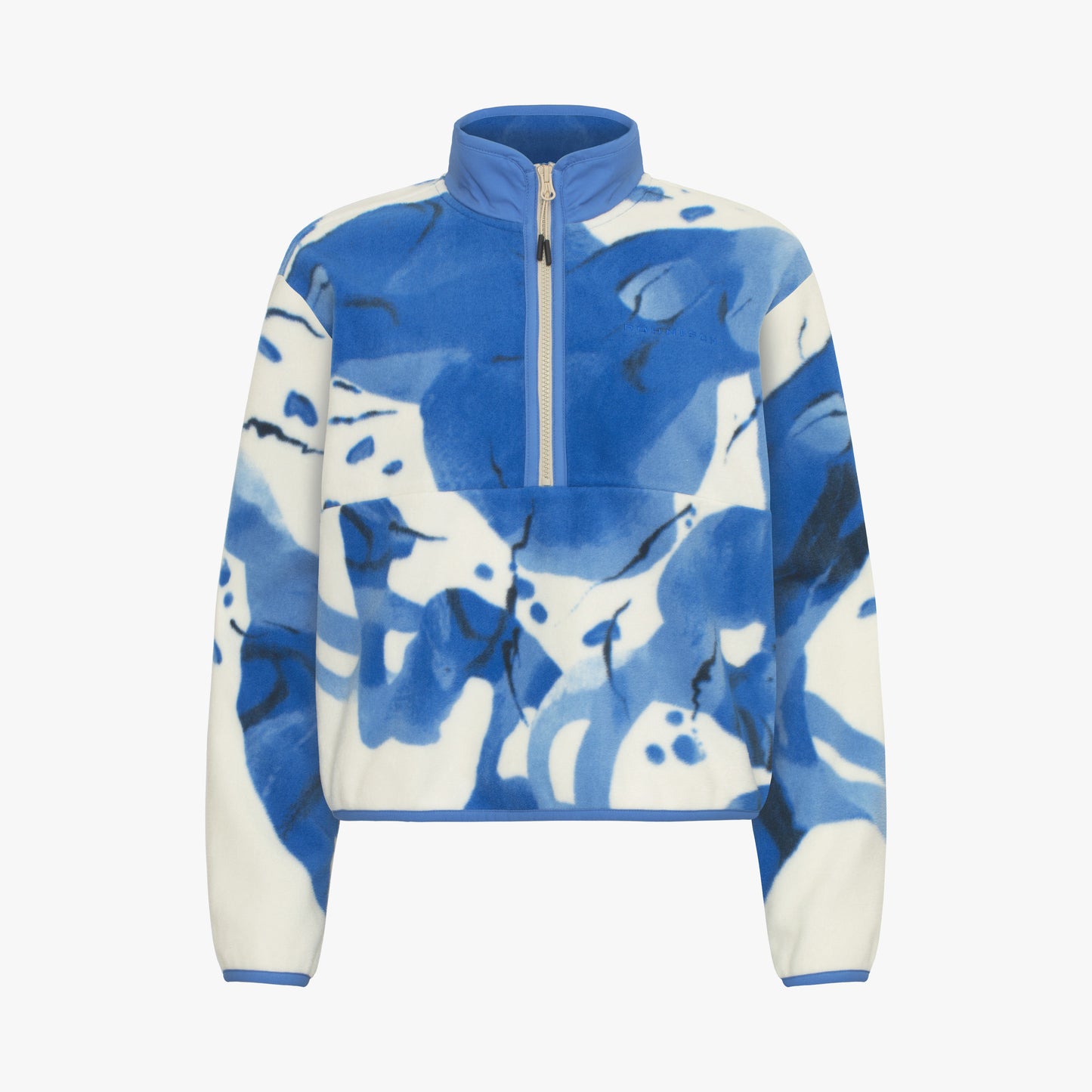 The Thermal Half Zip Fleece by Rohnisch is a blue and white abstract patterned jacket with a thermal half zip collar and long sleeves, made from recycled polyester, displayed on a plain background.