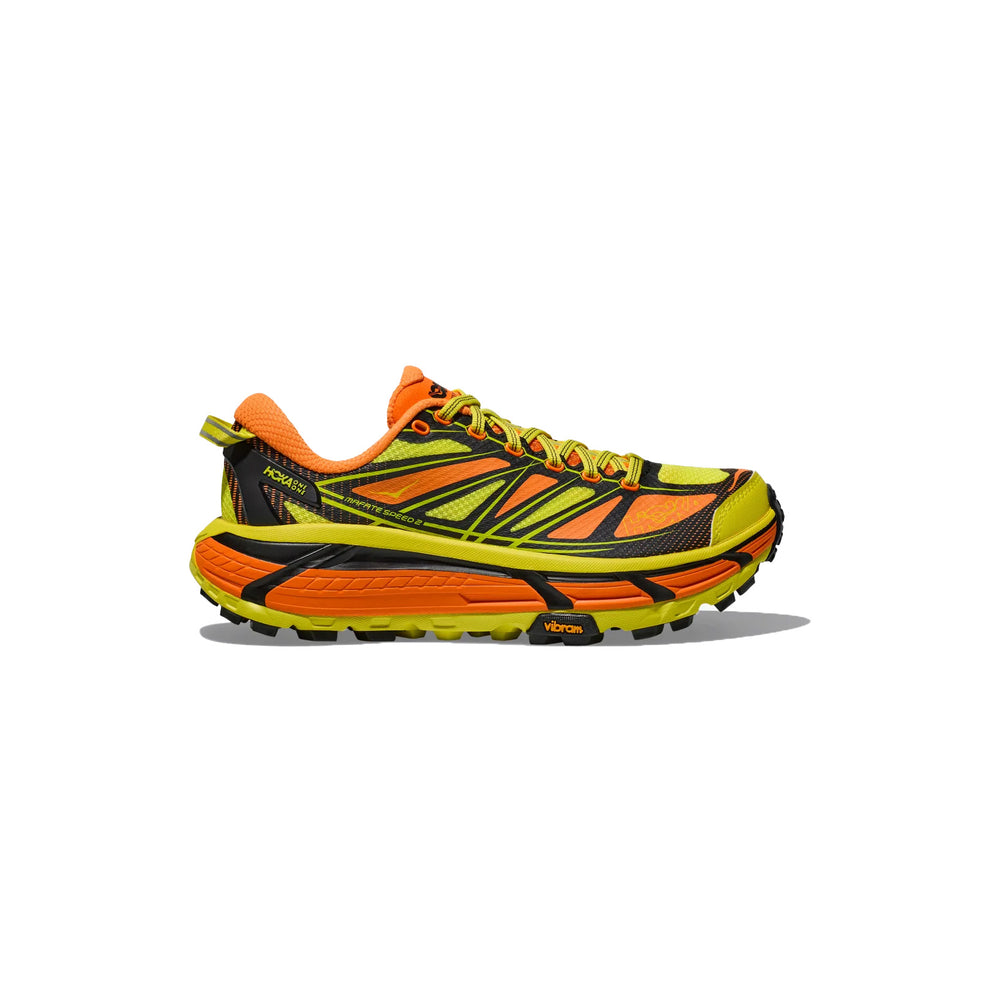 The M Mafate Speed 2 by Hoka, in Electric Tangerine, is a vibrant trail running shoe with a thick sole and detailed tread pattern, featuring bright orange and green hues complemented by black and yellow accents.