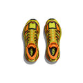 Top view of the Hoka M Mafate Speed 2 in Electric Tangerine with multicolored accents on a white background.