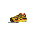 The Hoka M Mafate Speed 2 in Electric Tangerine is a neon yellow and orange sneaker with black accents and a rugged sole, perfect for outdoor activities.