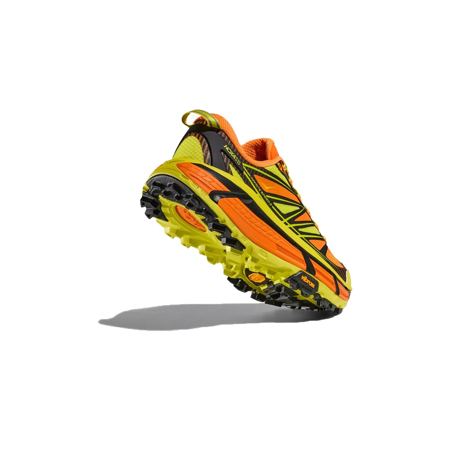 The Hoka M Mafate Speed 2, Electric Tangerine features orange and yellow tones with black accents, depicted from the side and back on a white background.