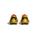 The rear view of Hoka's M Mafate Speed 2 running shoes shows vibrant electric tangerine hues with orange, yellow, and black accents against a white background.