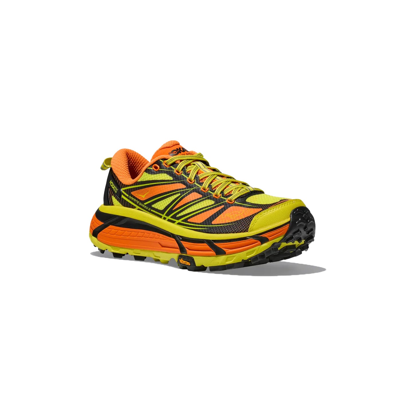 The M Mafate Speed 2 by Hoka is a vibrant electric tangerine sneaker featuring orange, yellow, and black accents on a white background.