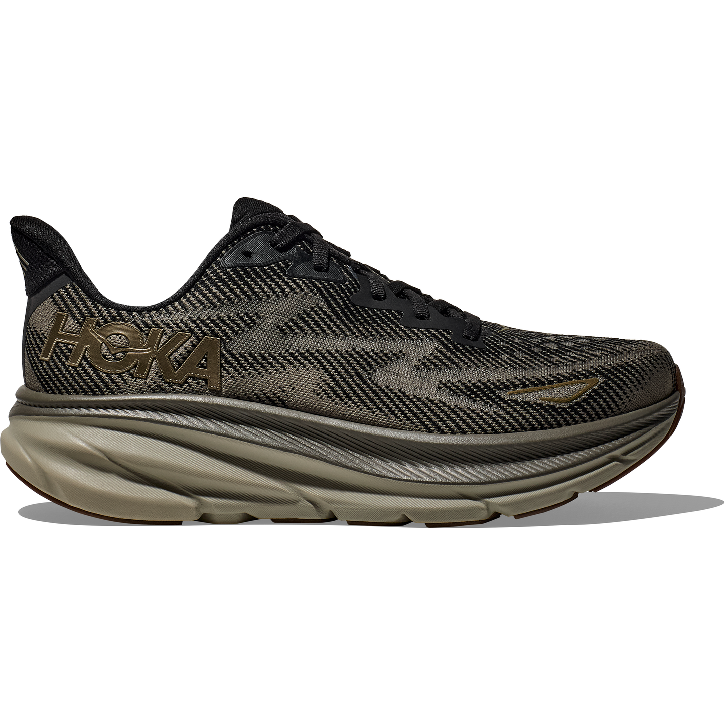 Image of a black and gray Hoka M Clifton 9, Black/Slate running shoe featuring a thick sole with protective cushion and the Hoka logo on the side.