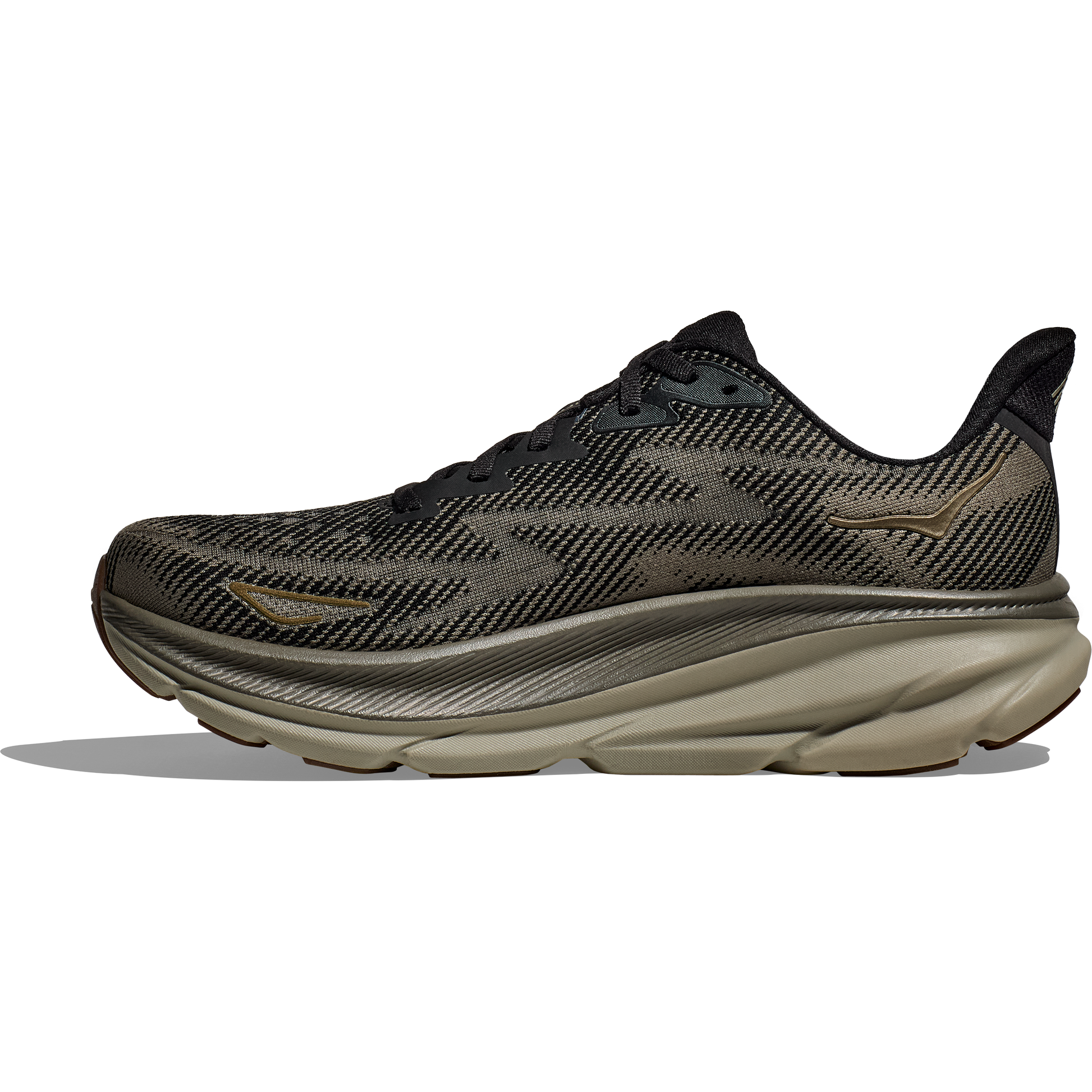 A single black and gray athletic running shoe, the Hoka M Clifton 9, Black/Slate features a patterned upper with a thick, cushioned sole for a responsive toe-off.