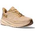 A beige athletic shoe with a chunky sole, featuring the brand name "Hoka" on the side and a lace-up design. The M Clifton 9, Wheat/Shifting Sand model boasts a protective cushion and offers responsive toe-off for optimal performance.