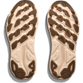 Bottom view of a pair of M Clifton 9, Wheat/Shifting Sand by Hoka soles, showcasing a beige and brown two-tone pattern with pronounced treads designed for traction and stability, featuring a responsive toe-off and protective cushion inspired by the Clifton 9.