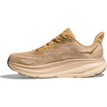 Tan-colored Hoka M Clifton 9, Wheat/Shifting Sand running shoe with a textured upper design and a thick, protective cushion for a comfortable, responsive toe-off.