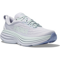 A light purple Hoka W Bondi 8, Ether/Illusion athletic shoe with a thick, cushioned sole for an enhanced soft ride. The shoe features softer, lighter foams, a mesh upper for breathability, and a loop at the back for easy wearing.