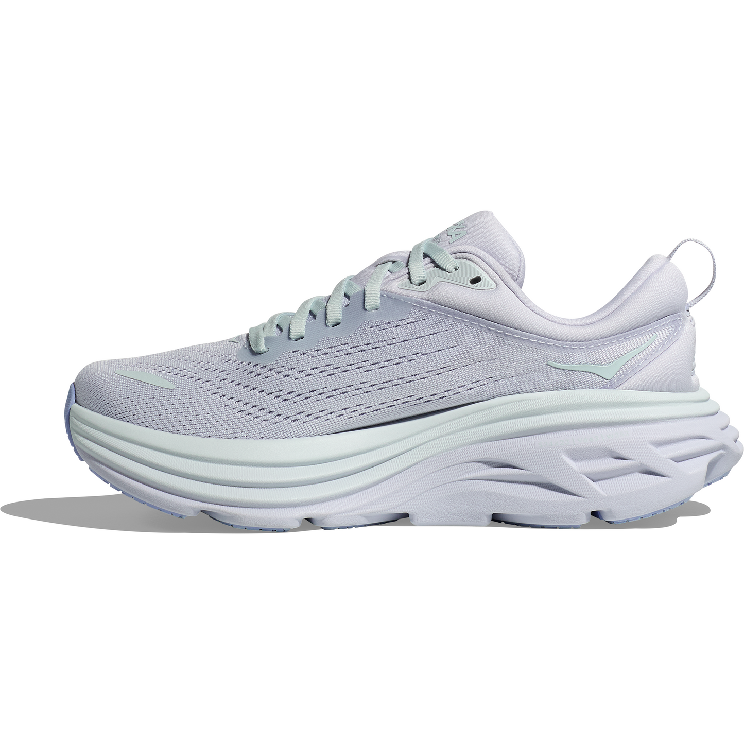 A white athletic running shoe with a thick cushioned sole and lace-up closure. The Hoka W Bondi 8, Ether/Illusion features an extended heel geometry, a textured upper design, and a pull tab at the heel for easy wear.