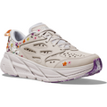 A single white W Clifton L BP, Nimbus Cloud/Nimbus Cloud athletic shoe by Hoka with floral embroidery, perforated design, thick white sole for a lightweight ride, and purple accents on the toe and heel.