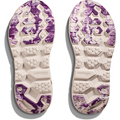 The image shows the soles of two Hoka W Clifton L BP, Nimbus Cloud/Nimbus Cloud shoes with a white and purple marbled pattern, featuring hexagonal and textured treads. The brand "Hoka" is imprinted near the center, promising a lightweight ride.