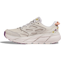 A white athletic shoe with a thick, chunky sole, floral embroidery on the back, and purple tread on the bottom offers a lightweight ride reminiscent of the Hoka W Clifton L BP, Nimbus Cloud/Nimbus Cloud.