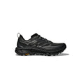 The Hoka U Mafate Speed 4 Lite, in black, features a rugged sole with a Vibram logo and visible lace-up design. It has a PROFLY midsole for cushioning and breathable mesh for ventilation, ideal for technical trail enthusiasts.