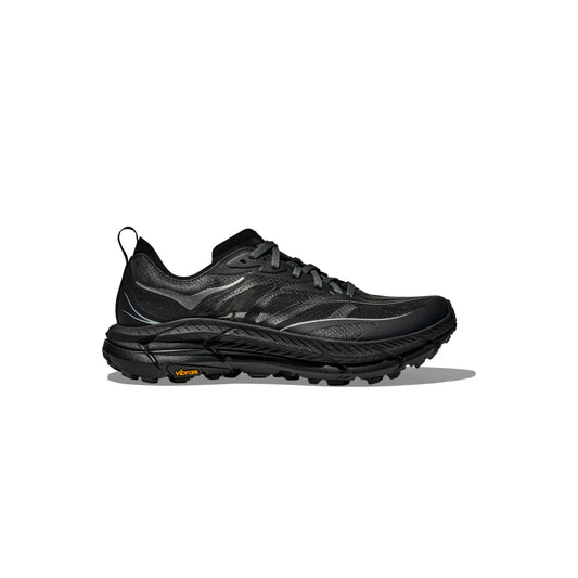 The Hoka U Mafate Speed 4 Lite, in black, features a rugged sole with a Vibram logo and visible lace-up design. It has a PROFLY midsole for cushioning and breathable mesh for ventilation, ideal for technical trail enthusiasts.