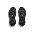 The U Mafate Speed 4 Lite by Hoka features black outdoor shoe soles with detailed geometric treads, highlighted by orange logo accents and a durable technical trail design.