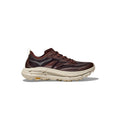 Side view of the Hoka U Mafate Speed 4 Lite athletic shoe, featuring a brown and black design with a PROFLY midsole and beige sole, perfect for technical trail adventures.