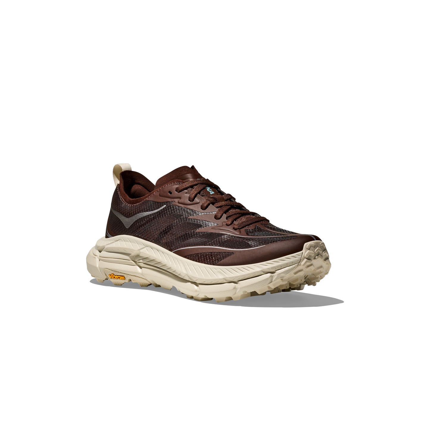 The Hoka U Mafate Speed 4 Lite in brown and cream features a textured sole and breathable mesh, displayed against a plain white backdrop.