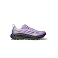 The Hoka U Mafate Speed 4 Lite features a lavender and black design with a thick sole made from breathable mesh. This lace-up athletic shoe offers support, while the PROFLY midsole ensures comfort on technical trails, blending style and functionality when viewed from the side.