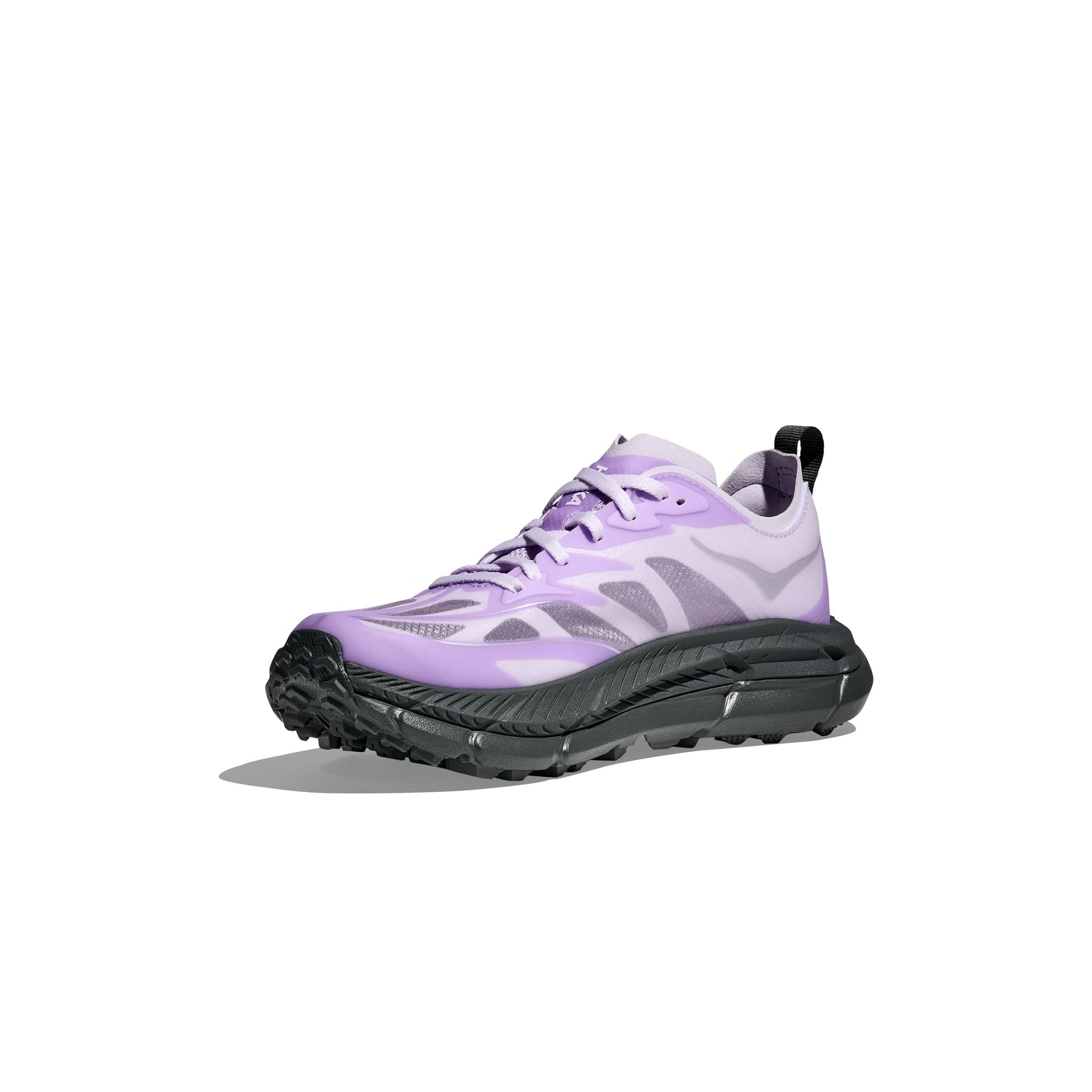 The Hoka U Mafate Speed 4 Lite is a purple and black trail running shoe with a breathable mesh upper, a PROFLY midsole for superior cushioning, thick sole, and lace-up design, displayed on a white background.