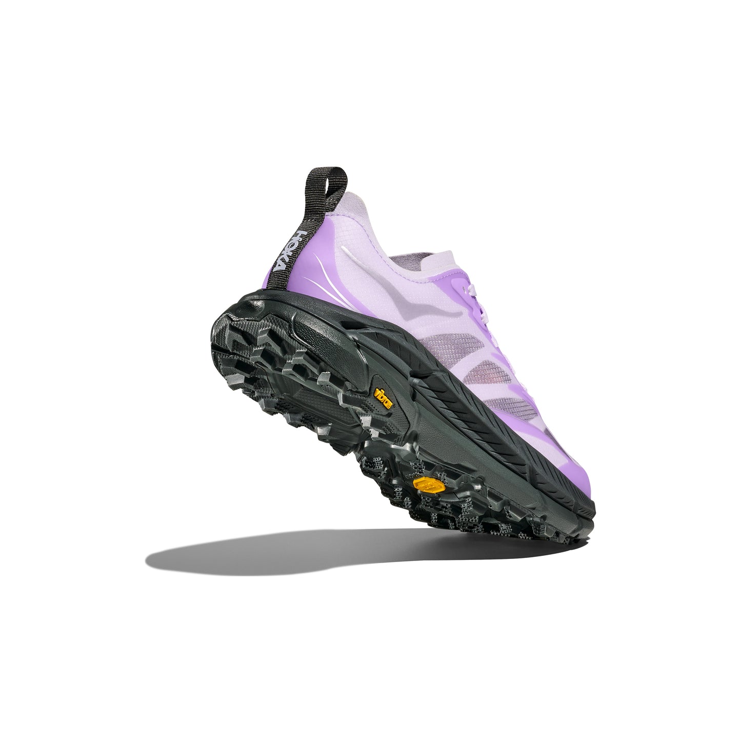 The Hoka U Mafate Speed 4 Lite is a purple and gray trail running shoe with a rugged black sole, designed for technical trails. It features a breathable mesh upper for comfort and a PROFLY midsole for enhanced cushioning, shown against a white background with its distinct shadow.