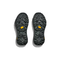 The image shows the soles of two dark-colored Hoka U Mafate Speed 4 Lite hiking boots with distinct tread patterns and yellow logos in the center, featuring a breathable mesh lining for technical trail adventures.