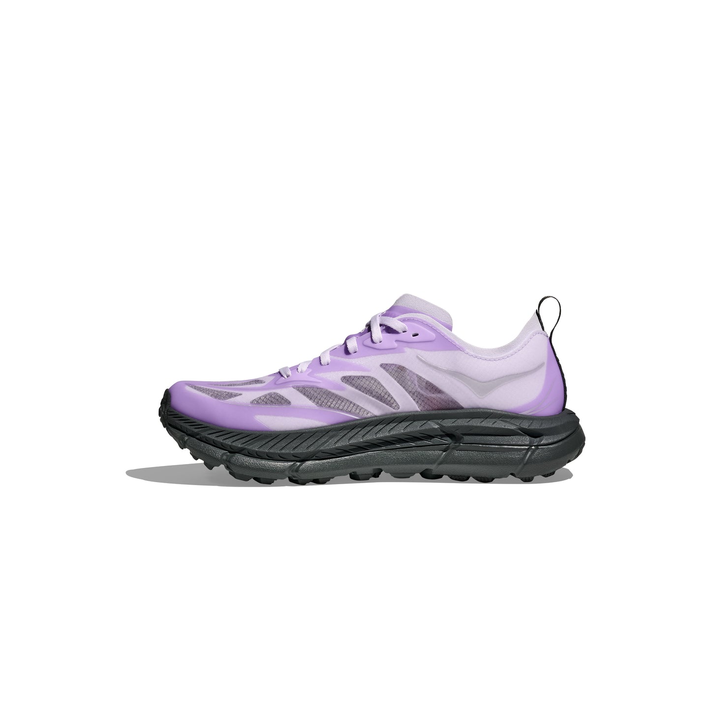 The U Mafate Speed 4 Lite by Hoka is a purple and white athletic shoe with a breathable mesh upper and thick black sole, showcased from the side on a white background.