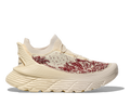 Introducing the Hoka U Restore Chukka Paria Farzaneh, a unisex sneaker in beige and maroon, featuring a textured sole and an upper material with a knit pattern.