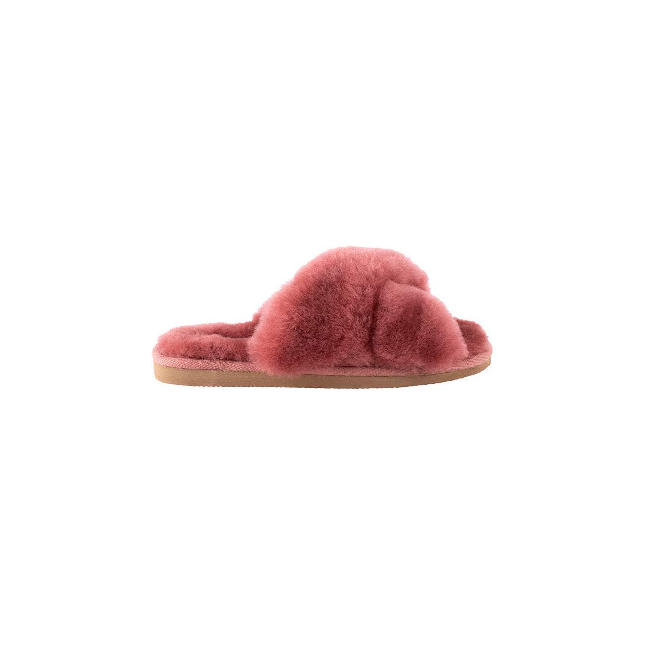 The Lovisa Slipper by Shepherd of Sweden is a fluffy, pink sheepskin slipper with an open toe, shown in side view against a white background.