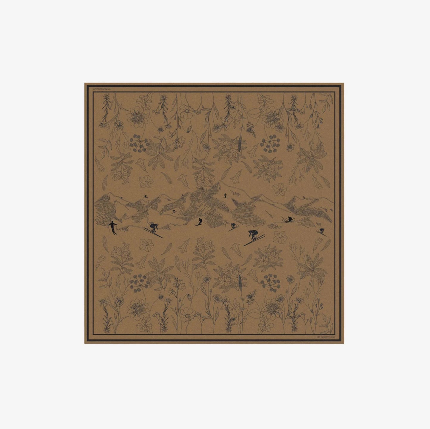 A decorative illustration shows a mountain landscape with vibrant skiers and intricate floral designs on a brown background, capturing the elegance of the Alps Silk Scarf by We Norwegians.