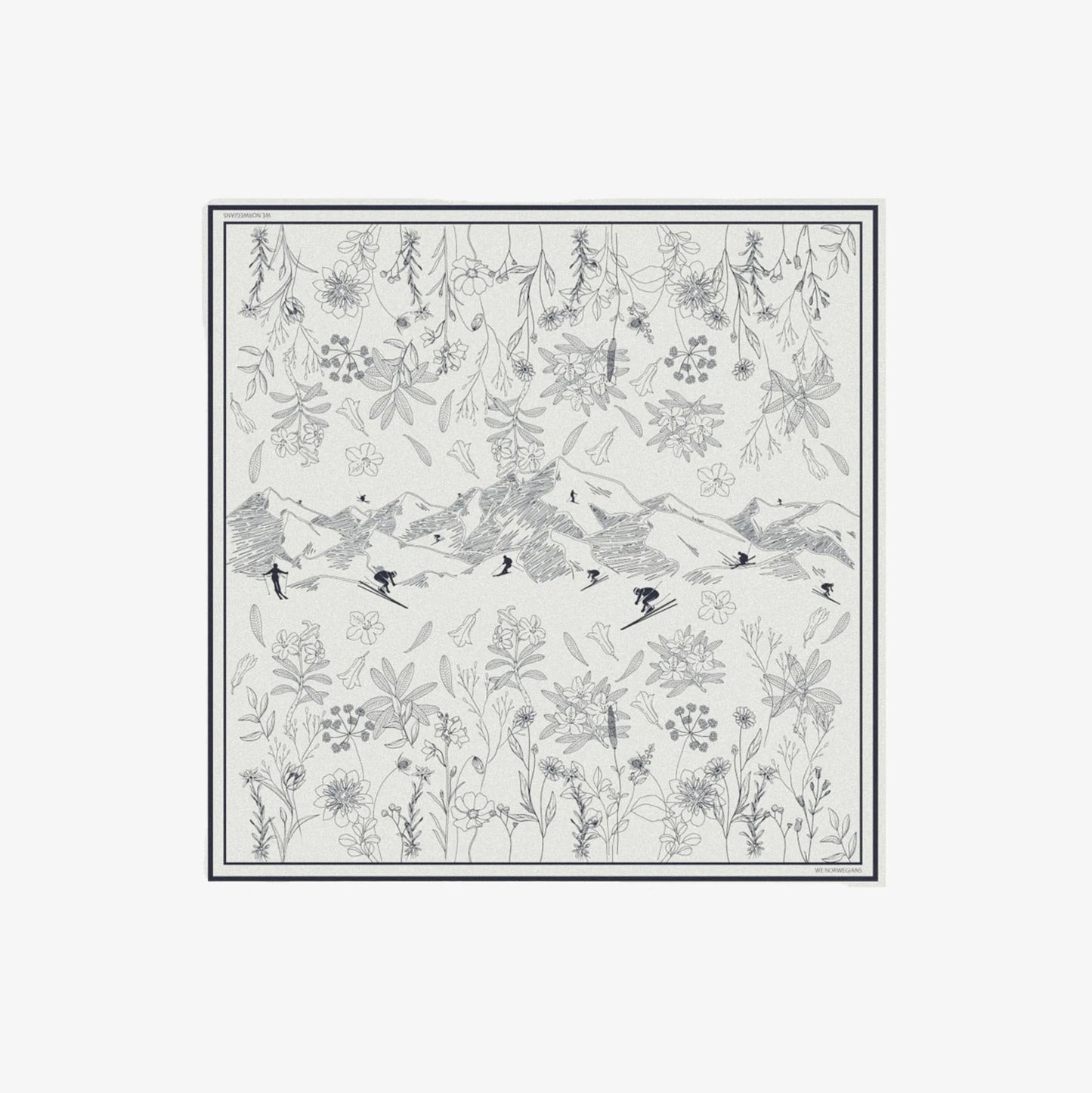 The Alps Silk Scarf by We Norwegians features an intricate mountain landscape with skiers, detailed floral patterns, and is crafted from pure silk. This square design adds elegance to your ski outfit or serves as a timeless accessory inspired by the Alps.