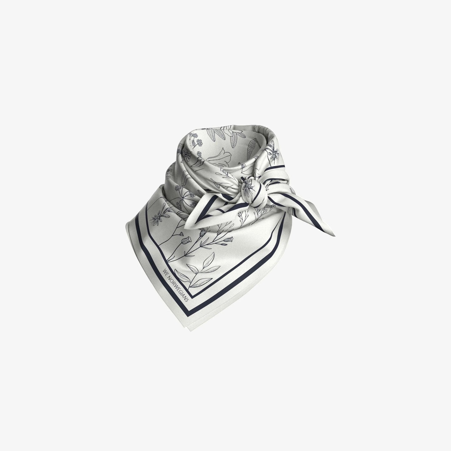 A folded We Norwegians Alps Silk Scarf, made of pure silk with floral designs and border stripes, elegantly tied in a knot.