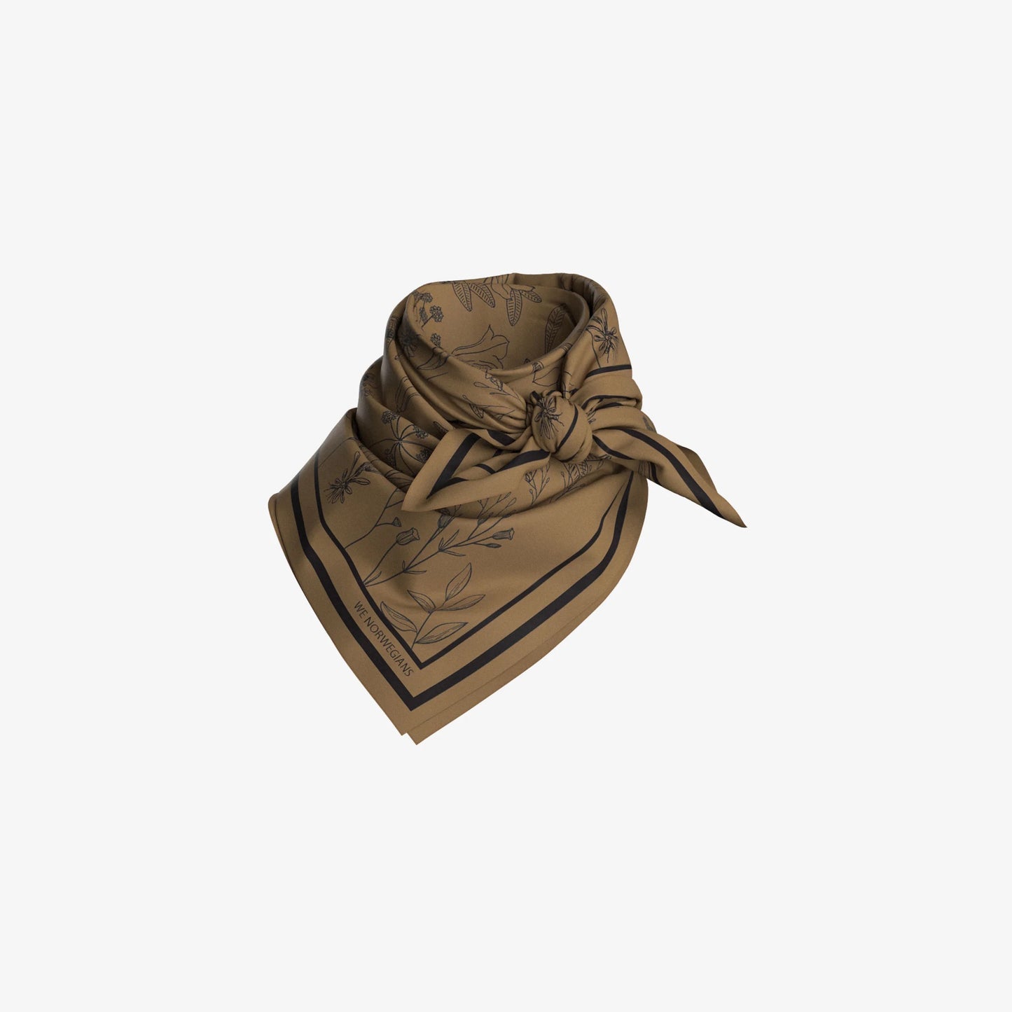 The Alps Silk Scarf by We Norwegians features a brown square design with black floral patterns, expertly folded into a triangle and knotted. Its pure silk texture perfectly complements your ski outfit, offering an elegant yet practical touch.