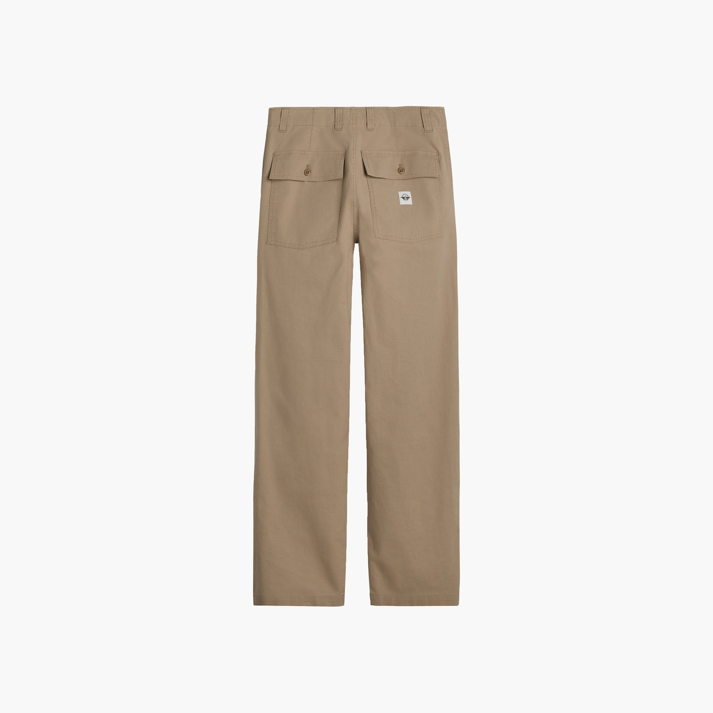 The Dockers Genderless 86 Utility Pant in beige showcases a back view with two large buttoned flap pockets and a logo patch on the right. Made from recycled cotton, these pants add a vintage flair.