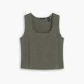 Dockers' Women's Sweater Tank features a green, sleeveless knit design with a square neckline. Crafted from a soft cotton-linen blend, it is displayed against a white background.