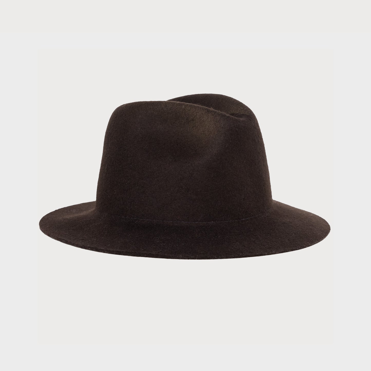 A dark brown Snap Brim Fedora from F & M Hat Company, featuring a wide brim and pinched crown, set against a neutral background.