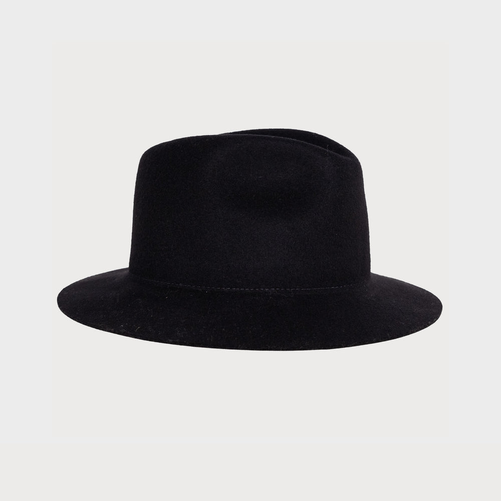 A black Snap Brim Fedora with a wide brim and indented crown from F & M Hat Company on a plain background.