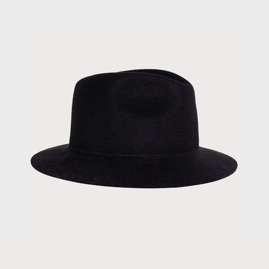 A black Snap Brim Fedora with a wide brim and indented crown from F & M Hat Company on a plain background.