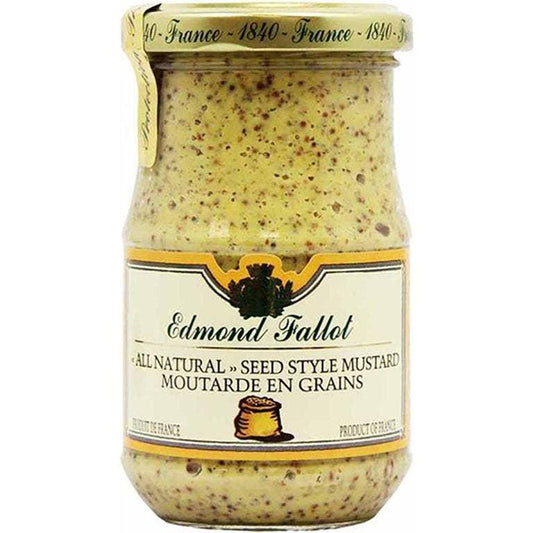 A jar of Edmund Fallot Whole Grain Mustard from Gourmet Food Solutions, Inc. featuring French text and a label indicating the product is from France and established in 1840.